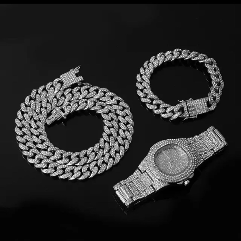 Bling Diamond Cuban Link Chain & Matching Bracelet (White or Yellow GP)